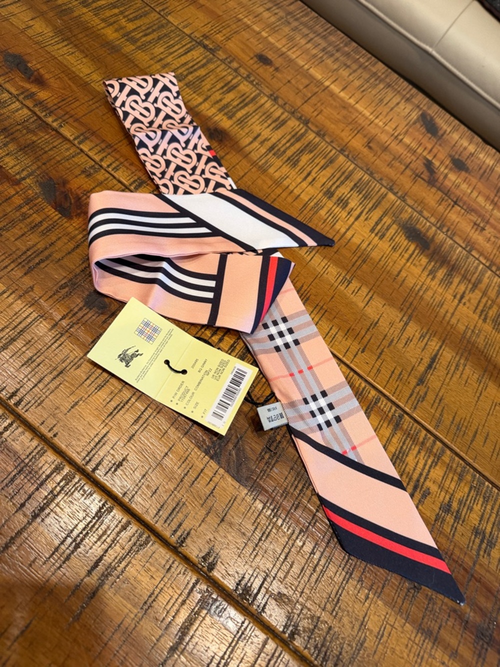 Burberry Peach Plaid & Stripe Silk Twilly Scarf - Picture 11 of 11
